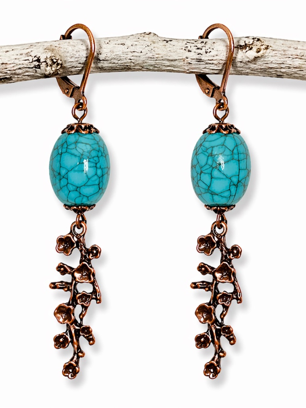 Turquoise Copper Dangle Earrings Boho Floral Drop Handmade